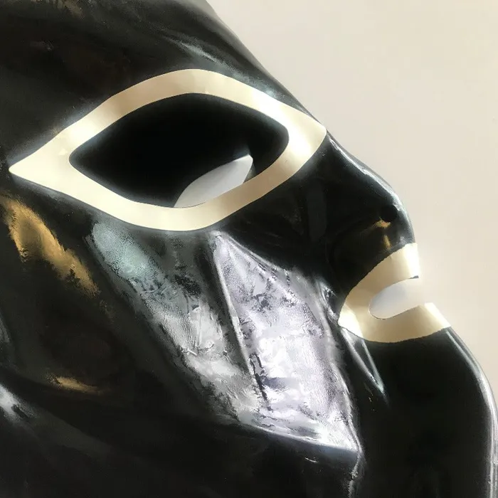 Hoods Sexy Black Latex Hood Rubber Mask With Hairpieces Wigs Bows Neck Lace House of Dasein Dildos