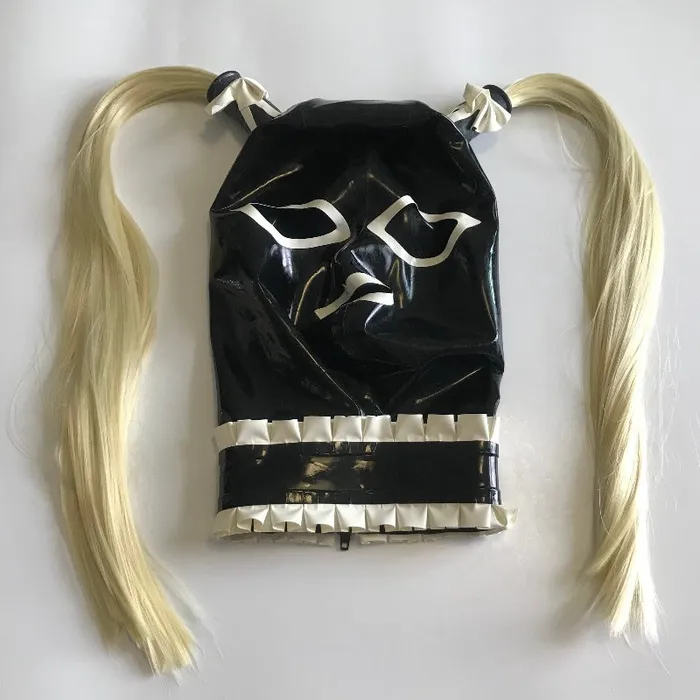 Hoods Sexy Black Latex Hood Rubber Mask With Hairpieces Wigs Bows Neck Lace House of Dasein Dildos