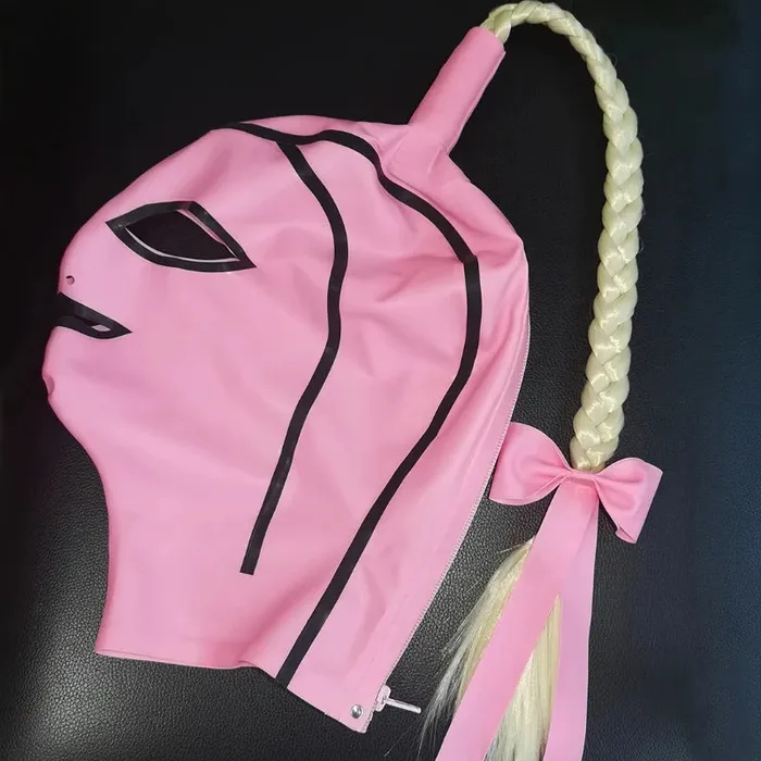 House of Dasein Female Sex Toys Latex Women Men Mask With Twist Braid Wig Back Zip Rubber Fetish Hood S Lm264