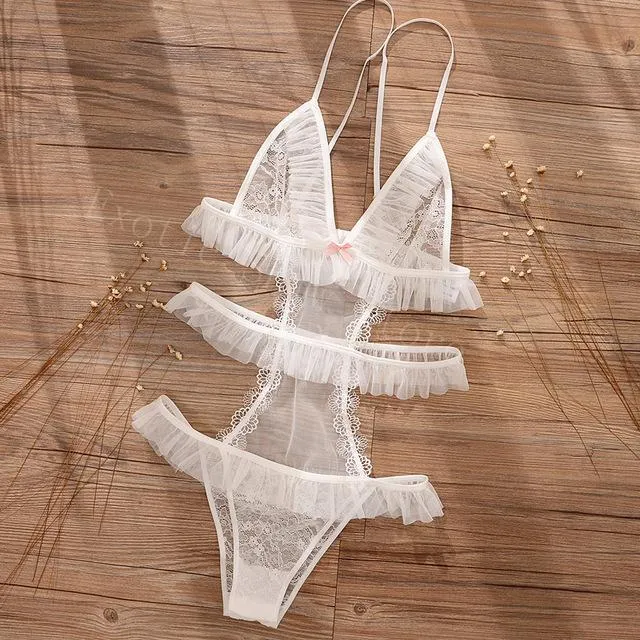 Teddies And Bodies House of Dasein Bodies Catsuits Sexy Lace And Frills Sheer White Bodysuit For Women