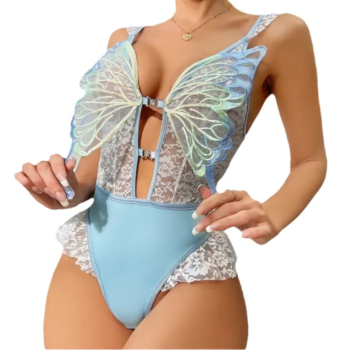 Bodysuit 1 Pc Blue Sexy Lace Butterfly Bodysuit FRISKY BUSINESS SG Vibrators