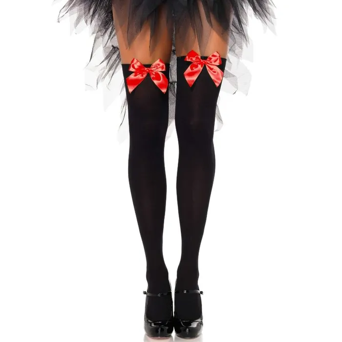 LEG AVENUE BLACK NYLON THIGH HIGHS WITH RED BOW ONE SIZE Leg Avenue Anal