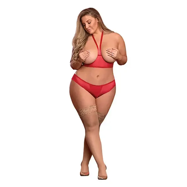 Vibrators Magic Silk Risque Business Cupless Bra Crotchless Panty Red Qn